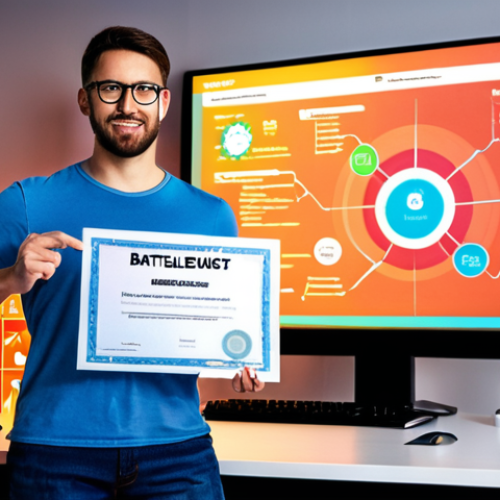 A confident, dynamic marketer stands in a modern, vibrant startup office, holding a glowing, symbolic "battle pass" certificate. They are focused on a futuristic, holographic data dashboard displaying clear charts and metrics. In the background, subtly blurred, a contrasting scene depicts chaotic, messy brainstorming (representing intuitive marketing). The image emphasizes data-driven strategy and systematic knowledge gained through certified expertise, showcasing a clear path to success in a startup environment. Bright, energetic colors and a sense of progressive clarity.