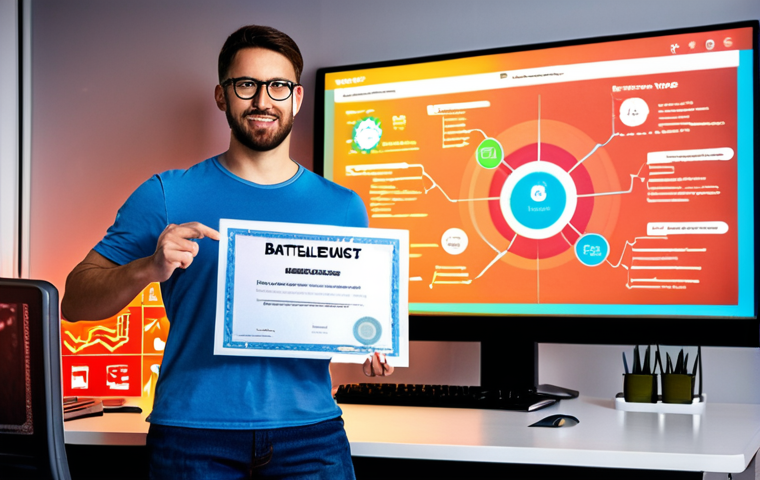 A confident, dynamic marketer stands in a modern, vibrant startup office, holding a glowing, symbolic "battle pass" certificate. They are focused on a futuristic, holographic data dashboard displaying clear charts and metrics. In the background, subtly blurred, a contrasting scene depicts chaotic, messy brainstorming (representing intuitive marketing). The image emphasizes data-driven strategy and systematic knowledge gained through certified expertise, showcasing a clear path to success in a startup environment. Bright, energetic colors and a sense of progressive clarity.