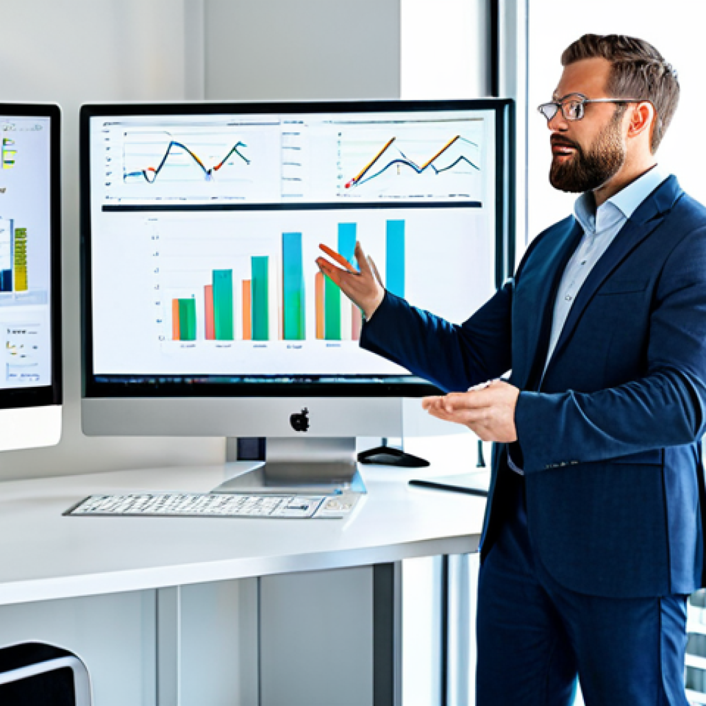 A confident adult marketing professional in a modest business suit, standing in a modern, brightly lit startup office, gesturing towards a large digital display showing detailed data analytics charts. The professional is fully clothed in appropriate attire, showcasing strategic thinking and confidence. The background features other colleagues working collaboratively at modern workstations. The image exudes a professional, dynamic, and family-friendly atmosphere. Perfect anatomy, correct proportions, natural pose, well-formed hands, proper finger count, natural body proportions, safe for work, appropriate content, high quality professional photography.