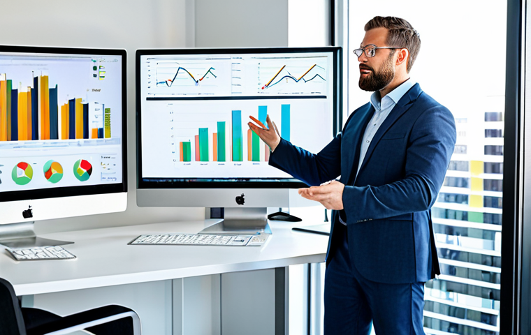 A confident adult marketing professional in a modest business suit, standing in a modern, brightly lit startup office, gesturing towards a large digital display showing detailed data analytics charts. The professional is fully clothed in appropriate attire, showcasing strategic thinking and confidence. The background features other colleagues working collaboratively at modern workstations. The image exudes a professional, dynamic, and family-friendly atmosphere. Perfect anatomy, correct proportions, natural pose, well-formed hands, proper finger count, natural body proportions, safe for work, appropriate content, high quality professional photography.