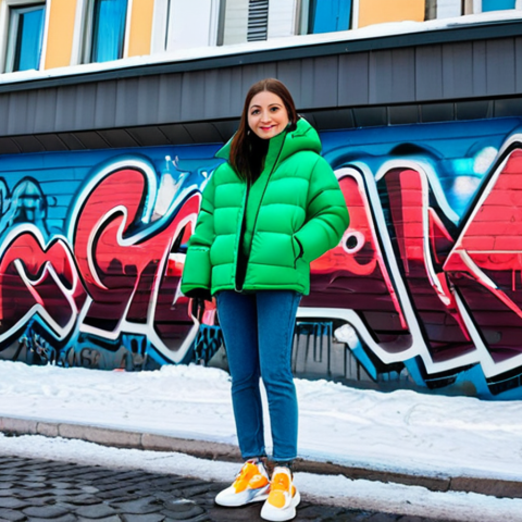 **

"A young, stylish woman in Moscow, fully clothed in trendy streetwear &ndash; a bright puffer jacket, fashionable jeans, and clean sneakers. She's holding a coffee cup with a recognizable logo of a popular local coffee chain. The background features a vibrant urban scene with graffiti art and modern architecture. Perfect anatomy, natural proportions, safe for work, appropriate content, fully clothed, professional, family-friendly, high quality, detailed."

**