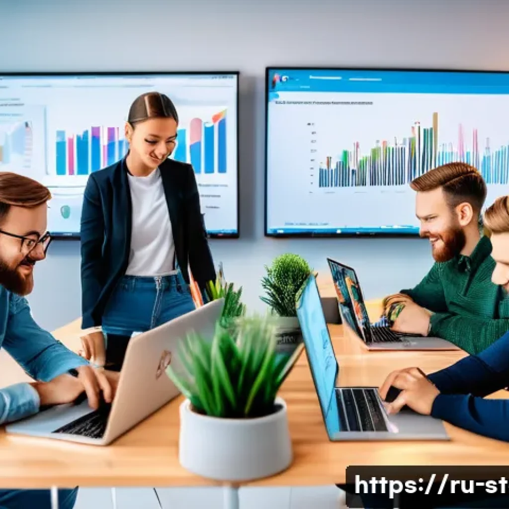 스타트업 마케팅 자격증 과정 - A modern startup office scene featuring a young Russian digital marketing team collaborating around ...