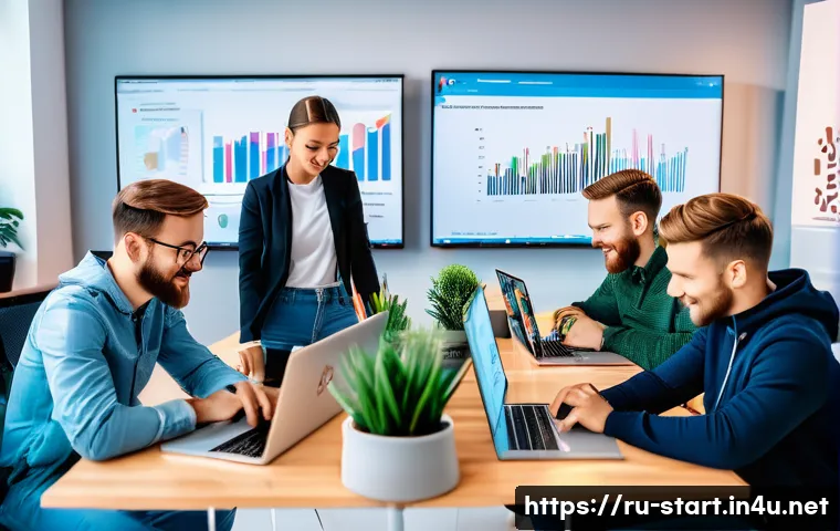 스타트업 마케팅 자격증 과정 - A modern startup office scene featuring a young Russian digital marketing team collaborating around ...