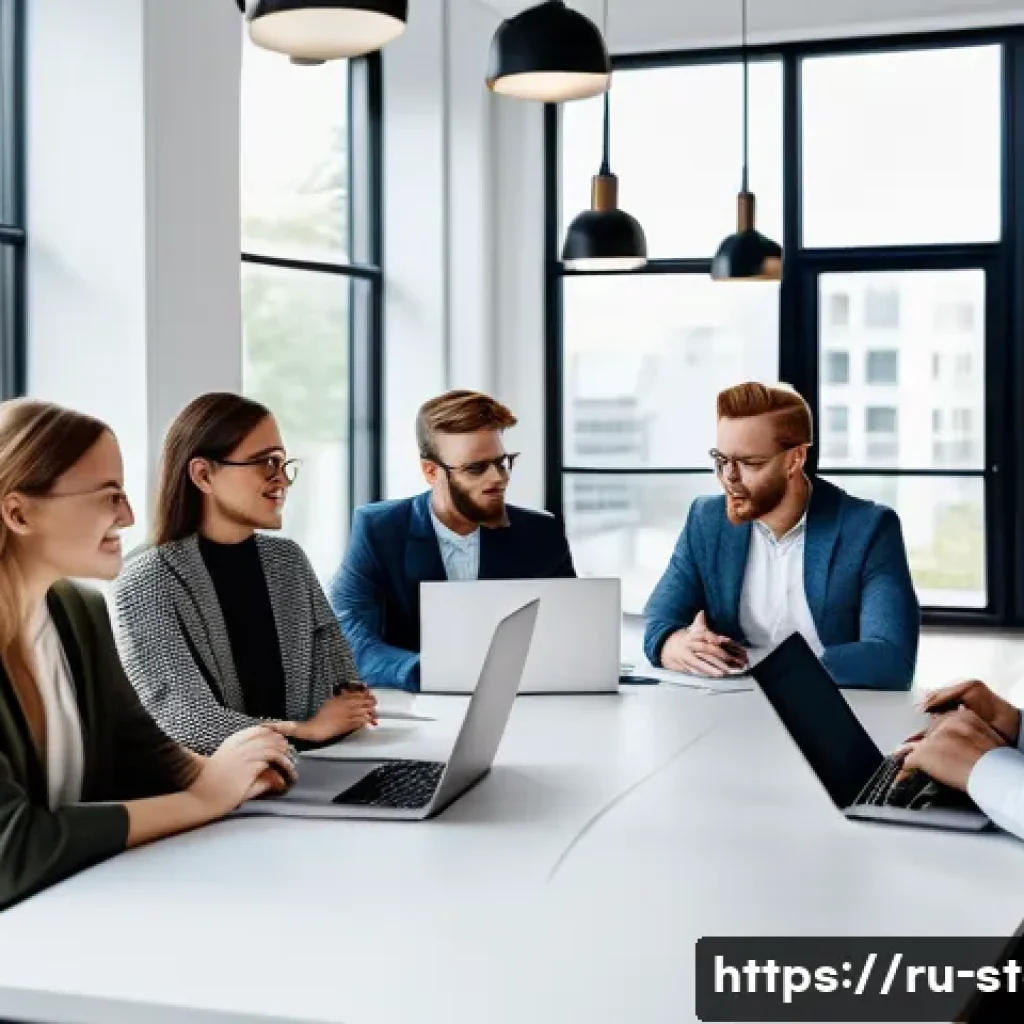스타트업 마케팅 전문 자격증 - A modern startup office scene showing a diverse group of young professionals gathered around a large...