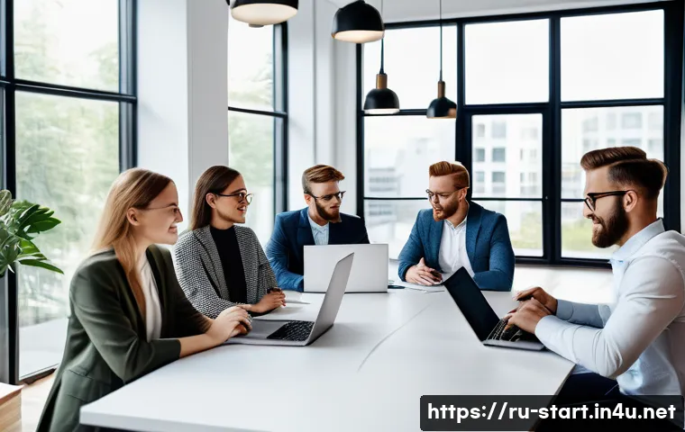스타트업 마케팅 전문 자격증 - A modern startup office scene showing a diverse group of young professionals gathered around a large...