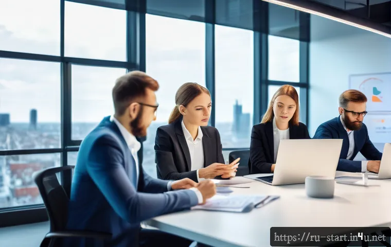 스타트업 마케팅 직무 요약 - A professional startup marketing team in a modern office, analyzing customer feedback and data on mu...