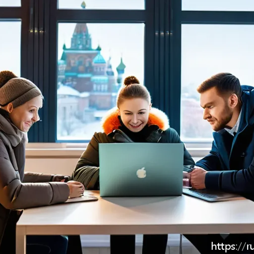스타트업 마케팅에서의 경쟁력 강화 - A modern Russian startup office scene showing a diverse team of young professionals collaborating ar...