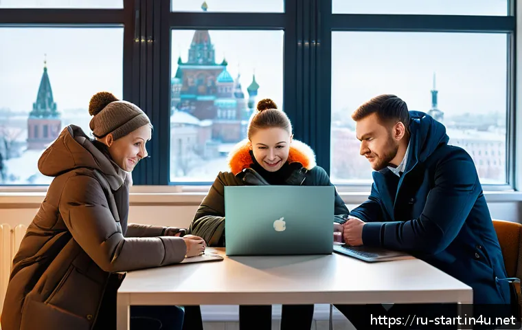 스타트업 마케팅에서의 경쟁력 강화 - A modern Russian startup office scene showing a diverse team of young professionals collaborating ar...