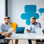 Home 19 스타트업 마케팅 직무 전문성 - A modern startup office scene in Moscow with a diverse team of young Russian entrepreneurs deeply en...