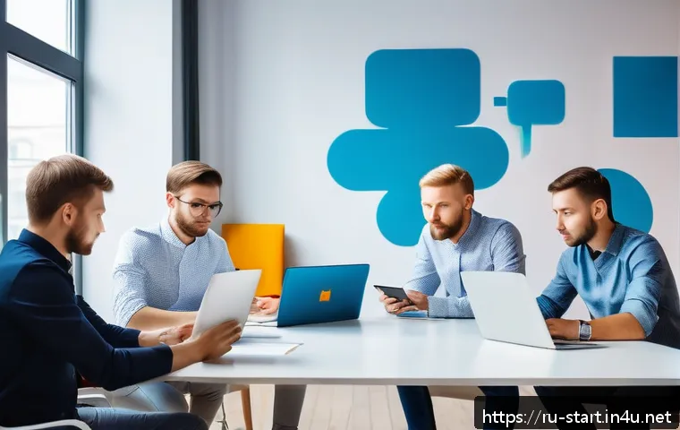 스타트업 마케팅 직무 전문성 - A modern startup office scene in Moscow with a diverse team of young Russian entrepreneurs deeply en...