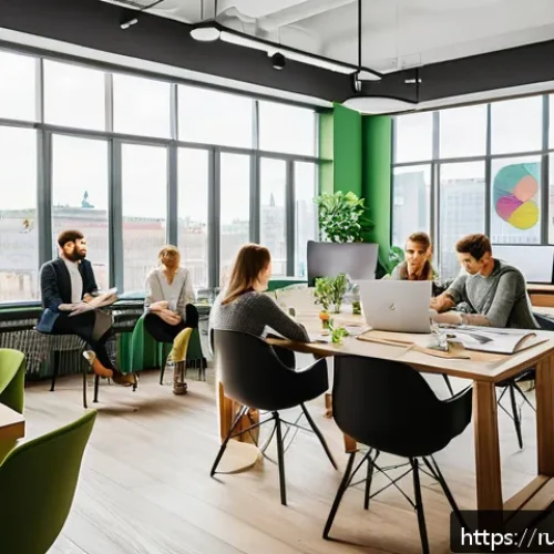 Home 17 스타트업 마케팅에서의 브랜딩 - A professional branding workshop scene set in a modern Moscow office, featuring diverse Russian youn...