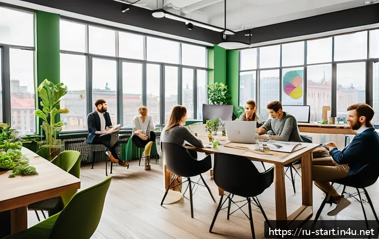 스타트업 마케팅에서의 브랜딩 - A professional branding workshop scene set in a modern Moscow office, featuring diverse Russian youn...
