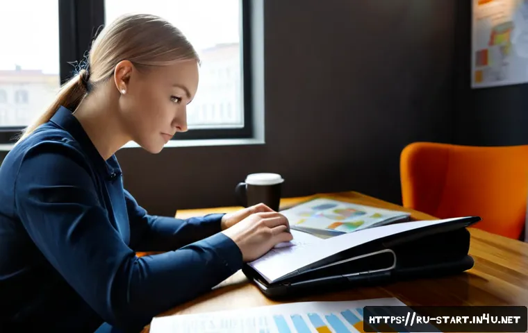 Home 17 스타트업 마케팅 자격 취득 과정 - Photorealistic Russian startup founder in a modern Moscow coworking space, studying a marketing cert...