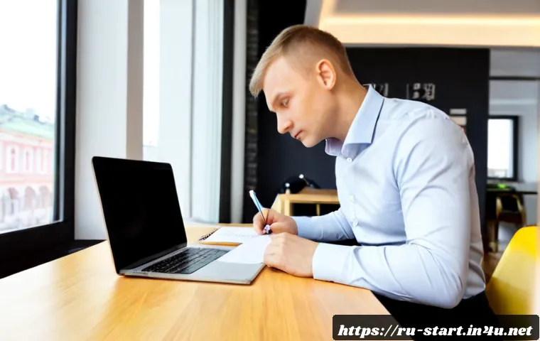 Home 17 스타트업 마케팅 자격 취득을 위한 전략 - Photorealistic Russian startup founder in a bright modern Moscow-style coworking space, studying for...