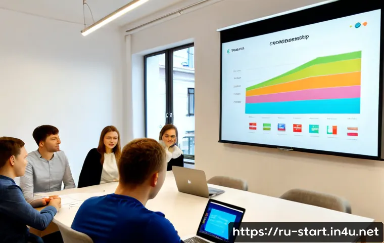 스타트업 마케팅 실기 - Photorealistic startup marketing workshop in a modern Moscow coworking space, diverse young Russian ...